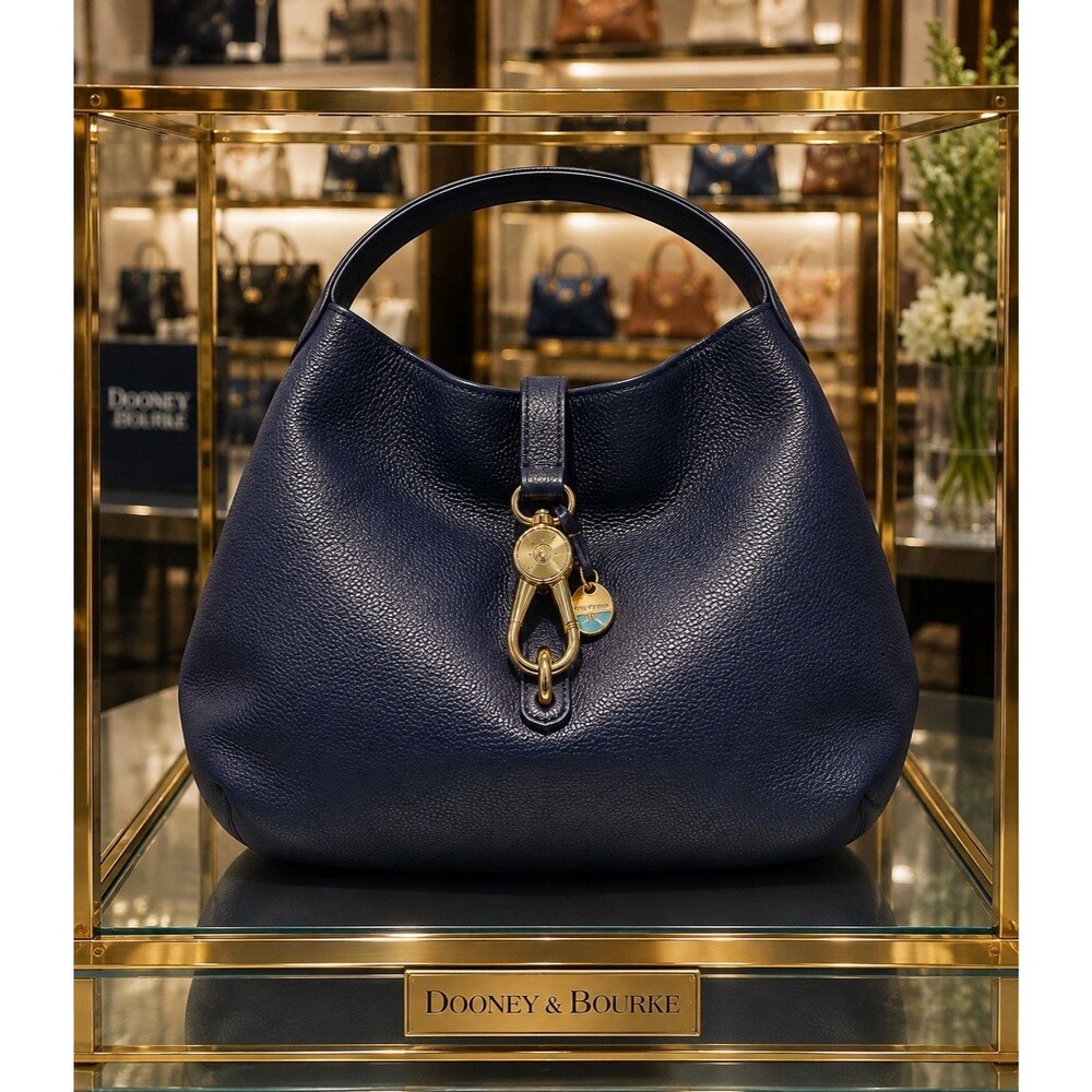 DOONEY & BOURKE Logo Lock, Shoulder Bag Navy Blue Pebbled Leather Charm